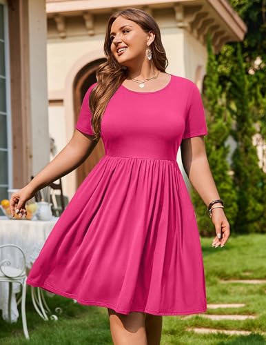 Image of IN'VOLAND Women Plus Size Short Sleeve Dresses Casual Summer T-Shirt Dress Knee Length Loose Dresses with Pockets Rose Red