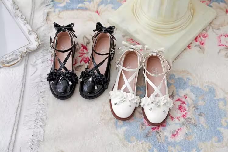 Cute Mary Jane Ballet Flats for Women Round Toe Cross Ankle Strap Adjustable Buckle Bow Studded Lolita Comfortable Shoes3