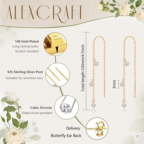 925 Sterling Silver 14K Gold Plated Chain Dangle Earrings, ALEXCRAFT Tassel Dangling Long Drop Earring for Trendy Women Fringe Earings Cubic Zirconia Hypoallergenic3