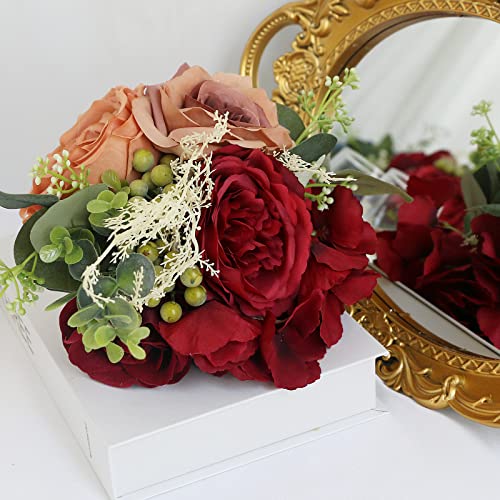 Semononia Artificial Bridesmaid Bouquet - Set Of 6 Wedding Flowers Bouquets Burgundy Rose Bouquet For Wedding Ceremony Centerpieces Bridal Shower Party Home Table Decorations #TOP2