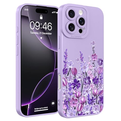 Image of Designed for iPhone 16 Pro Max Case Floral for Women Girls, Purple | Cute Oil Painting Flower Pattern Liquid Silicone Phone Case [Full Camera Protection] Slim Soft TPU Protective Cover