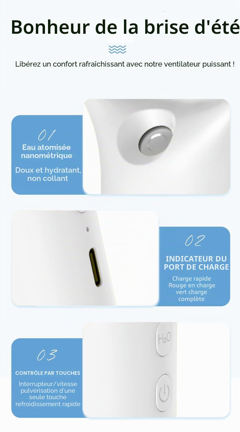 ERUW Ventilateur de poche avec brume d'eau, mini ventilateur portable, petit ventilateur USB rechargeable avec 3 vitesses pour bureau, chambre, extérieur, voyage (blanc)