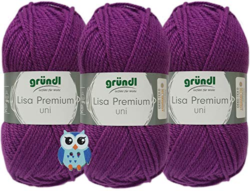Gründl Lisa Premium Uni - Hilo para ganchillo (3 x 50 g, 100% poliacrílico, incluye 1 botón de búho, 48 ciruelas)