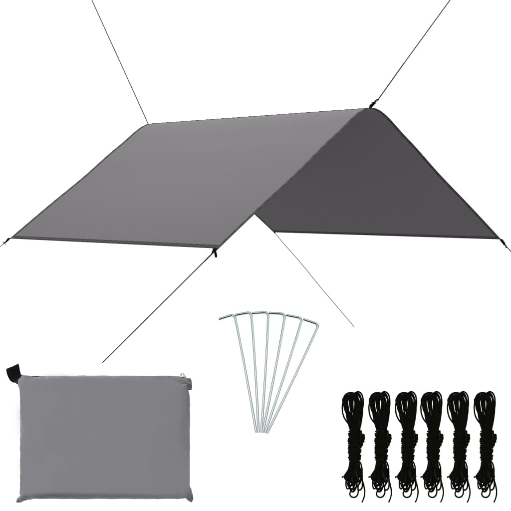 Outdoor-Tarp 3x2,85 m Grau, Leichtes Camping Sonnensegel aus 180T Polyester, Vielseitiger Witterungsschutz für Trekking und Wandern, Inklusive 6 Heringe und Abspannseile