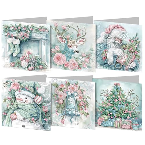 Juego de 6 tarjetas de felicitación para pintura con diamantes, kit DIY de tarjetas de arte con diamantes, patrón floral navideño con strass, mosaico de arte con postales para Navidad