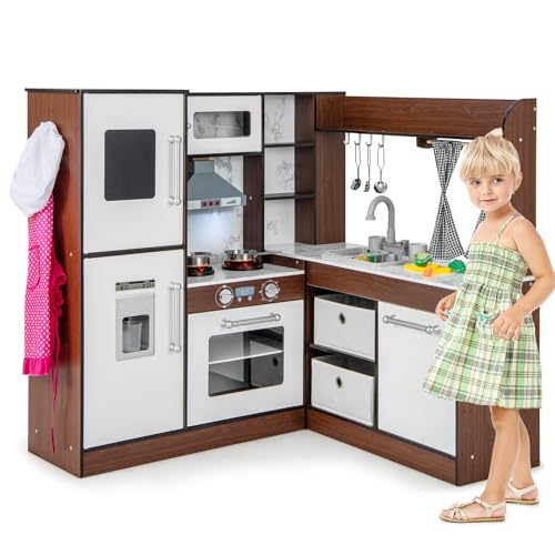 HOMASIS Cocina Esquinera de Madera con Luz y Sonido, Cocina de Juguete con Fregadero, Estufa, Horno, Máquina de Hielo, Microondas, Pizarra, Teléfono, para Niños de 3+ Años, Marrón