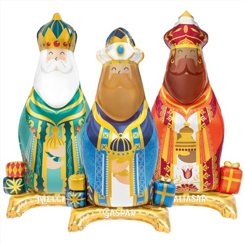 3 Unidad - Globos Navideños de Foil de Pie Reyes Magos Metalizados de 110 cm - Globos Fiesta, decoración Navidad, para celebraciones y fiestas de reyes magos. Globo Foil Reyes Magos