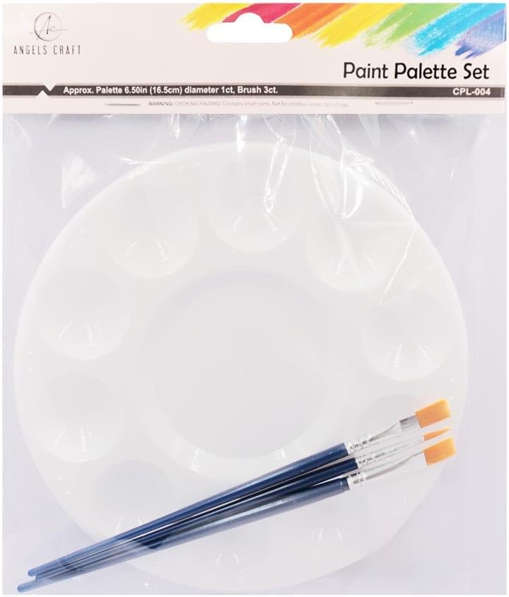 12 Pack Plastic Round Palette Paint Tray with 3 Painting Brush Set, 6.7 inches, Perfect for School Projects and Painting Crafts