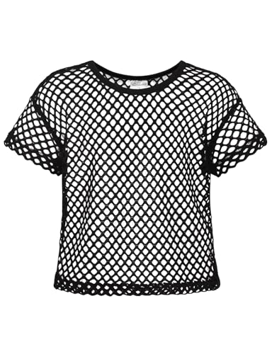 Noomelfish Girls Fishnet Crochet Crop Tops Kids Short Sleeve Mesh Dance T-Shirts Blouse(5-12 Years)