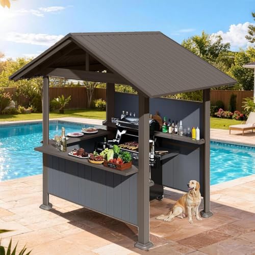 Image of 9x10FT Hardtop Grill Gazebo, Lean to Outdoor BBQ Shelter with Galvanized Steel Slanted Roof, Permanent Metal Grilling Station with Storage Shelves & Bar Platform for Patio (Gray, 9.4x6.2FT)