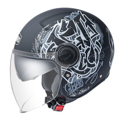 Image of Gliders Jet Trio D3 ISI Certified Open Face Graphic Helmet with Peak and Clear Visor (Matt Black with Black, L)
