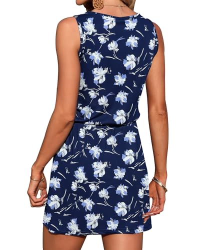 Image of AUSELILY Womens Summer Sleeveless V-Neck Drawstring Waist Beach Cover up Mini Short Swing Dresses with Pockets