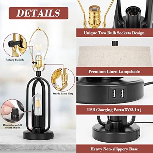 Vatoni Table Lamps Set Of 2, Fully Dimmable Industrial Table Lamps With Rotary Switch And 2 Usb Charging Ports, Desk Lamp Nightstand Lamps For Living Room Bedroom(Include 4 Bulbs) #TOP4