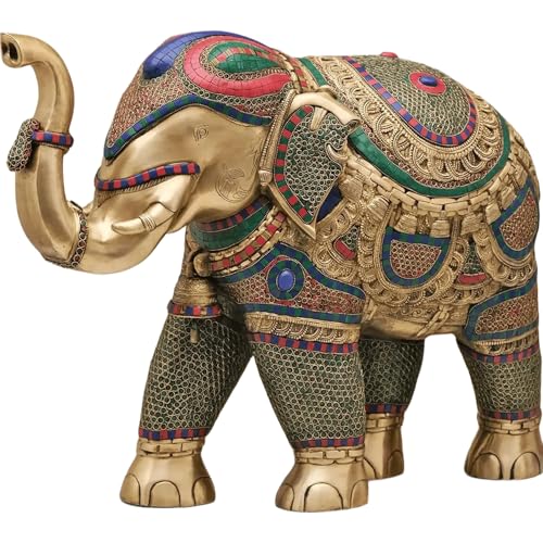 Image of Grand Brass Elephant Statue | Heavy Decorative Sculpture with Intricate Inlay Work | Solid Statement Piece for Luxury Interiors Entryway Accent and Gifting | Height 29 Inches