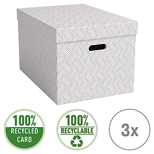 Leitz VON 61420001 Lot de 3 boîtes de rangement avec couvercle, 46 l, extra larges, en carton 100% recyclé, motif géométrique, pour l'école, l'étude et la maison, blanc, 61420001