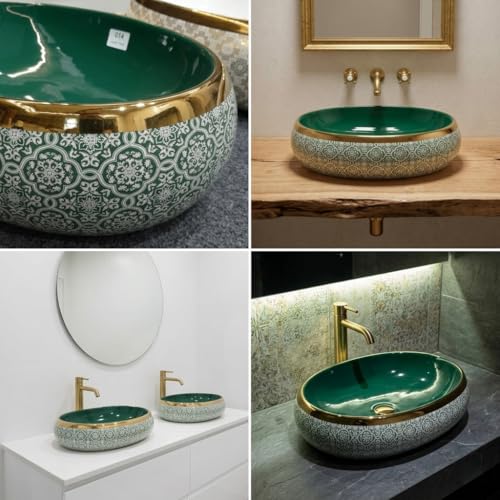 Image of BASSINO 24x16x6 Inches Table Top Washbasin /1 Year Warranty /Ceramic Wash Basin for Bathroom /Oval Shape Counter Top Wash Basin for Restaurant /Dining Hall /Living Room /Home(Glossy Green & Gold)