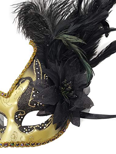 Awlsyj Women's Feather Masquerade Mask Venetian Halloween Mardi Gras Costumes Party Ball Prom Mask (ZA Gold/Black) - Thumbnail 3