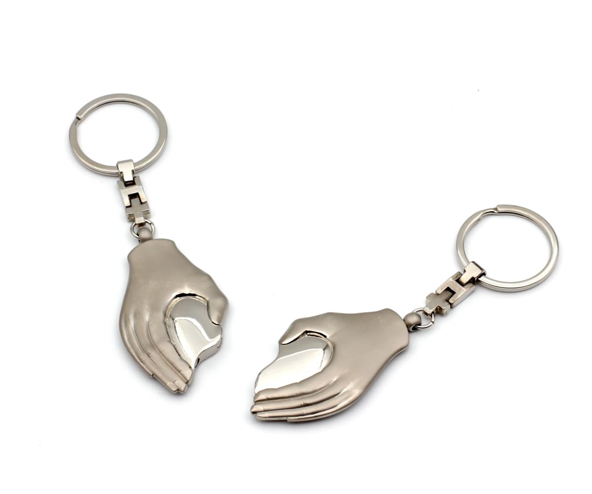 Juego de 2 llaveros para pareja, manos con corazón, acero inoxidable, regalo para parejas, amigos, aniversario, día de San Valentín, grabado opcional, forma de mano con corazón dividido