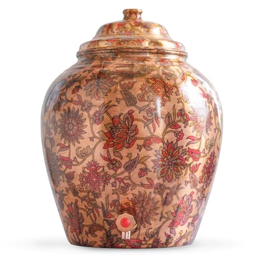Image of Indian Art Villa Printed Flower & Leaf Design Copper Water Dispenser Pot Matka, Storage, Home Kitchen Garden, 13 LTR