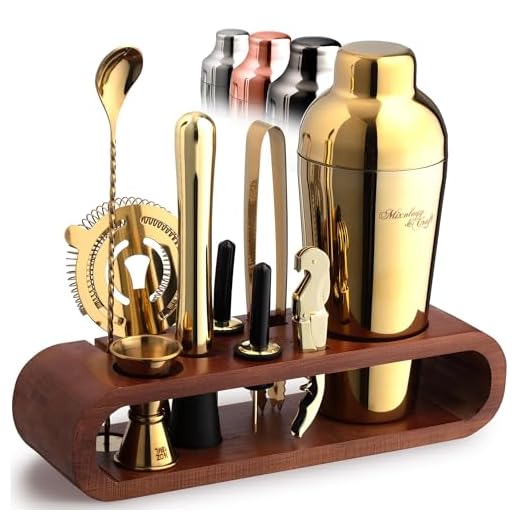 Mixology Bartender Kit: 10-Piece Gold Bar Set Cocktail Shaker Set with Stylish Mahogany Stand | Perfect Home Bartending Kit with Gold Bar Tools and Martini Shaker for Foolproof Drink Mixing