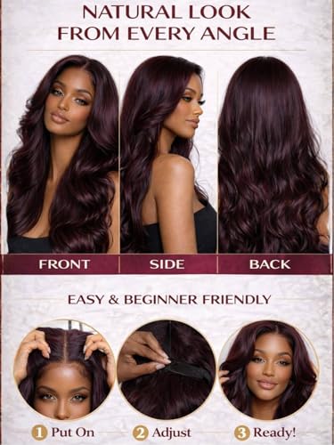 Image of Beauty Forever Bye Bye Knots Black Cherry Loose Body Wave Glueless Wigs Human Hair Pre Plucked Pre Cut 7x5 Lace Front Drawstring Wig with Face Framing Layers Put on and Go Wig 180% Density 26inch