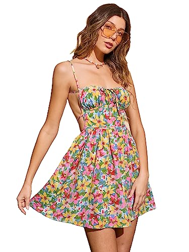 Image of Aahwan Women's & Girl's Fit And Flare Mini Floral Print Ruched Bust Tie Backless Cami Dress
