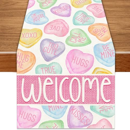 Heirloom Haven Valentine’s Day Colorful Candy Table Runner 13x72 Inch,Love Heart Welcome Table Runner, Festival Anniversary Wedding Kitchen Dining Decoration for Home Party Decor (White)