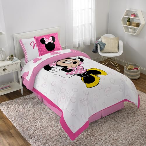 Image of Disney Minnie Mouse Twin Comforter Set 5 Piece Kids Cartoon Bedding, White | Bed in a Bag, Comforter Sheets Sham Pillowcase, Official Brand, Soft Microfiber, Machine Washable, Easy Care, Girls Gift
