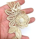 PEPPERLONELY 1 Yard Gold Pearl 9PC Chiffon Flowers Embroidered Lace Edge Trim Ribbon, 4.5 x 2.5 Inch