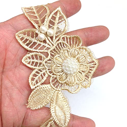 Pepperlonely 1 Yard Gold Pearl 9Pc Chiffon Flowers Embroidered Lace Edge Trim Ribbon, 4.5 X 2.5 Inch #TOP4