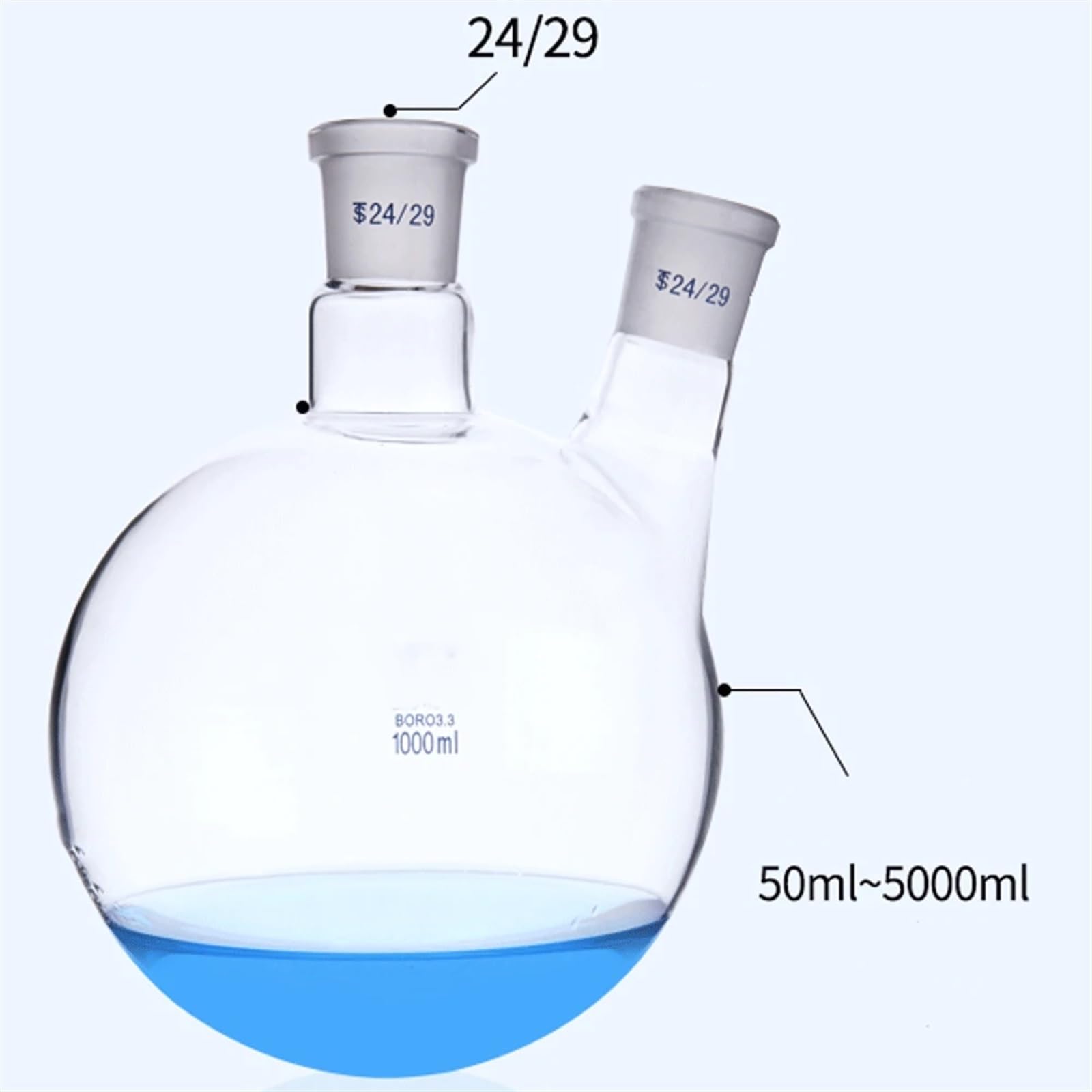 matraz de fondo redondo， Matraz de reacción de vidrio de dos bocas, juntas 19/26, 24/29 y 29/32, 100 ml-2000 ml, cristalería de laboratorio(U 1000ml 24-24)