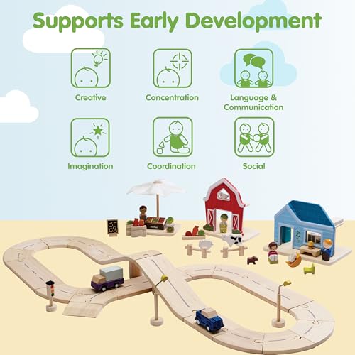 Image of PlanToys Wooden Neighborhood Roadway Playset Montessori Kids Building Play | toy cars, toy car track, girls, boys, city planning, imaginative fine motor problem solving gift preschool learning cute