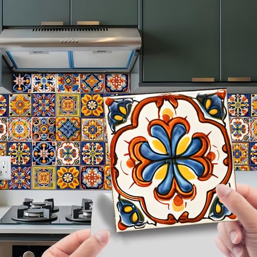 Azulejos Adhesivos Cocina 20x20 cm Retro Amarillo Y Azul Vinilos Baño Azulejos Impermeable Azulejos Adhesivos Baño Vinilo Pared Decoración de Muebles Azulejos Adhesivos (24 Piezas)