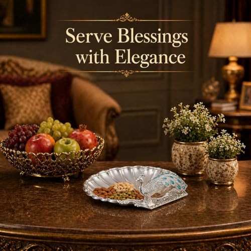 Image of Diviniti German Silver Peacock Decorative Bowl with Blue Enamel Design | Luxury Silver Plated Dry Fruit & Sweet Serving Tray for Home Decor, Dining Table, Festive Gifting with Box Wedding Decor Style.