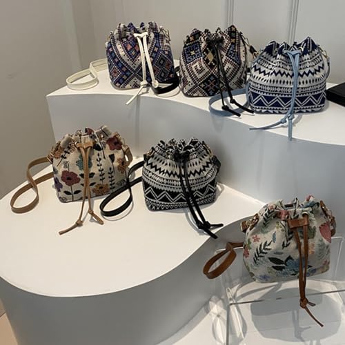 Women Bag Ethnic Styles Shoulder Bag Fashion Messengers Bag Simple Bucket Bag Drawstring Crossbody Bag for Daily Trav2