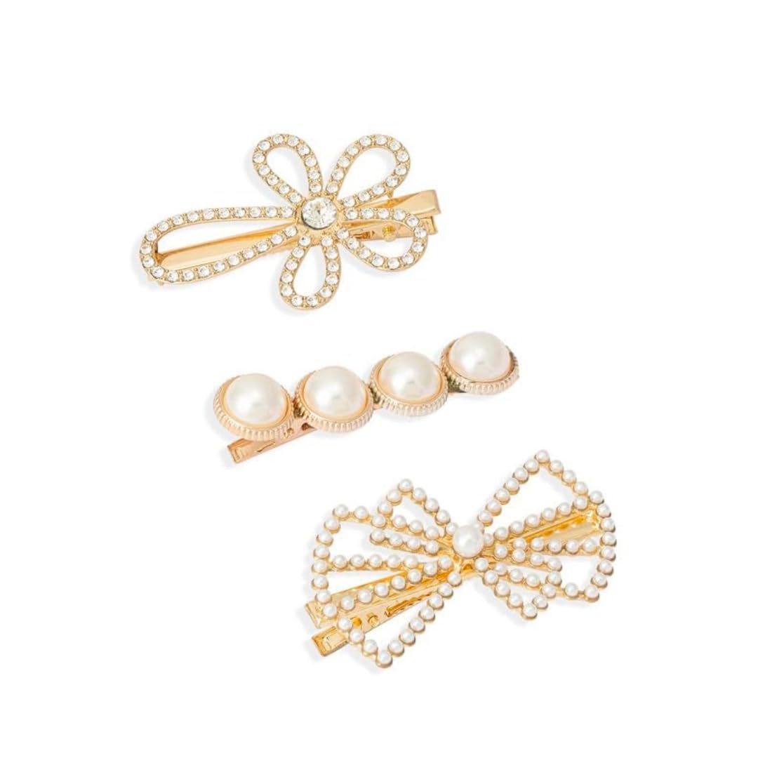 Hair Drama Co. Pearls & Crystals Multi Hair Pins Gold Hair Clip Brooch for Girls & Women with Beautiful Crystals Modern, Stylish Trendy & Designer Hair Accessories - Set of 3