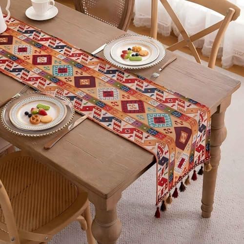 Clothfuna Camino de mesa bohemio jacquard, camino de mesa vintage bohemio, mezcla de algodón de diamante naranja con borlas para mesa de comedor, fiesta, vacaciones, al aire libre, 33 x 120 cm
