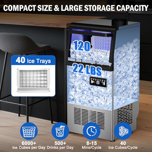Image of 120LBS Undercounter Commercial Ice Maker, Freestanding Commercial Ice Machine, Built-in Ready Ice Maker Machine, 22LB Storage, Self-Cleaning, Dual Water (Tap /Bottled) - for Bar, Restaurant, Office