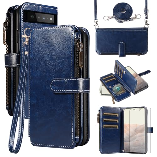 Coque Google Pixel 6 Pro en cuir bleu avec chaîne amovible et clapet aimanté