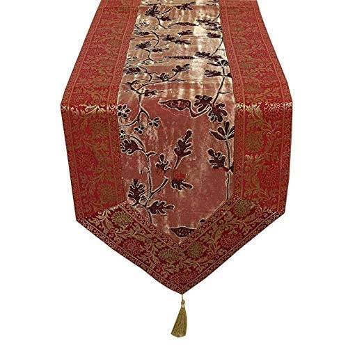 Image of E-EZRA Ari Zari Embroidery Table Runner for Dining Table 6 Seater 72IN Indian Satin Traditional Long Runner Up with Tassels Coffee Tablecloth for Room & Home Decor Runner (Maroon)