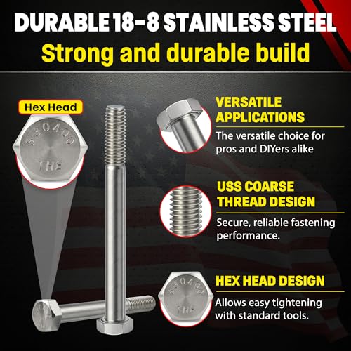 Image of Chenango Supply 3 /8-16 x 4 Stainless Steel Hex Head Bolts - 304 Stainless, USS Coarse Thread, 100,000-125,000 PSI Tensile Strength, Corrosion-Resistant Hardware Bolts, (25 Pieces, 3 /8-16 x 4)