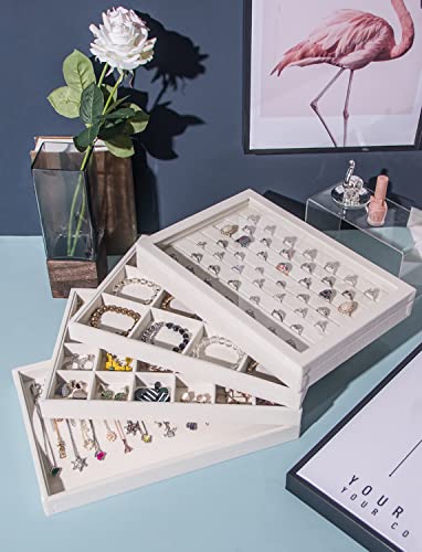 Image of Coward Set of 5 Stackable Jewelry Organizer Tray Necklace Earring Box Storage Ring Bracelet Display Holder (beige(ring+necklace+12girds+24girds+The glass lid))