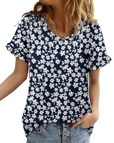 CRAZY GRID Women's Shirts Summer Casual Crewneck Ruffle Short Sleeve Blouses Cute Floral Print Tunic Tops