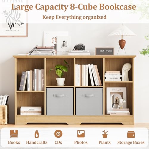 Image of 8 Cube Storage Organizer Shelf, Wood Cubby Storage with 4 Fabric Drawers, 2 Tier Wooden Bookshelf with 2 Adjustable Shelves & Fluted Side Panels for Living Room, Home Office, Wood