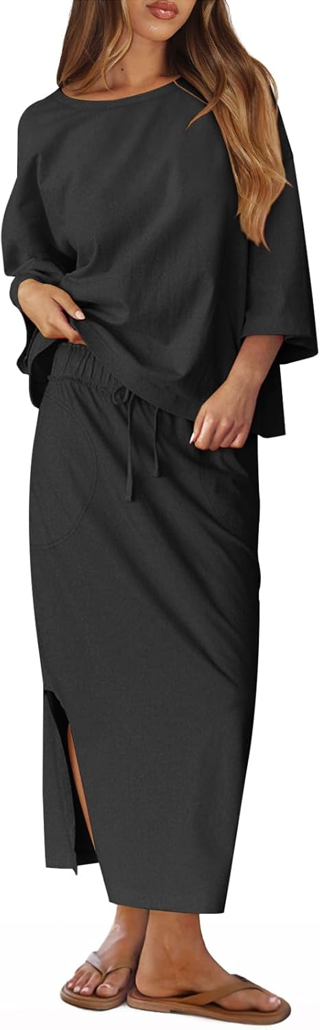 Pungdra Womens 2 Piece Skirt Set for Women Oversized Top and Maxi Skirt Lounge Sets Fall Going Out Matching Outfits