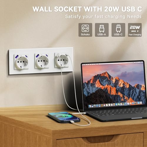 BSEED Steckdose mit USB C 20W, Schnellladen Wandsteckdose mit Krallen, EU-Standard Einbausteckdose Unterputz, Einfach Montage, 16A 250V, NEU E-Serie,3 Fach,228mm Wei&szlig;