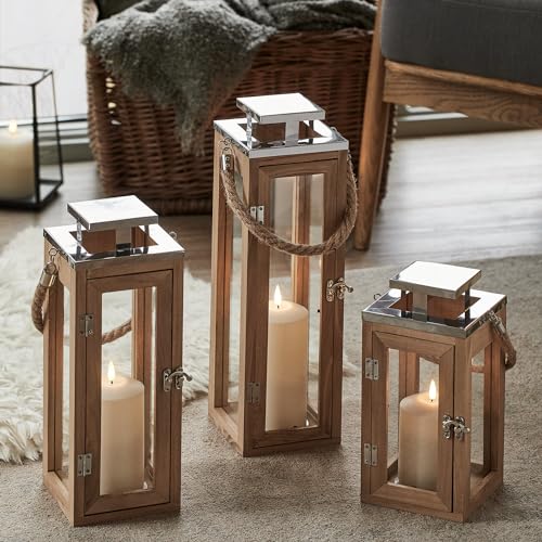 Lights4fun Lot de 3 Lanternes en Bois avec Bougie LED TruGlow® à Piles avec Minuterie et Anse en Corde pour Déco Intérieur