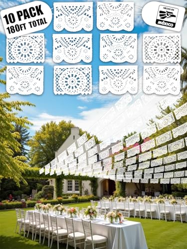 10 Pack White Papel Picado Banner 180 Ft (18 Ft x 10) 100% Made in Mexico Papel Picado Blanco White Mexican banner for Parties Wedding Baby Shower Bautizos Bodas Birthdays | 10 Plastic Flags per Banner |