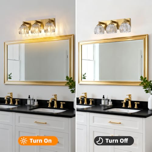 Image of Bathroom Vanity Light Fixtures, 3-Light Brushed Gold Bathroom Light Fixtures Over Mirror, Antique Wall Lights with Clear Glass Glass Tulip Light Shade for Mirror, Kitchen, Hallway, Cabinet, Porch