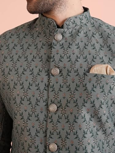 Image of KISAH Men's Kurta Sherwani Set Indo-Western Silk Blend, Geometric Design, Full Sleaves, Knee Length, Straight, Regular Fit, Mandarin Collar Ethnic Wear